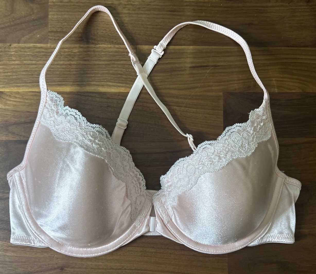 Vintage Sears Pink White Lace Trim Shiny Second Skin Bra Size 36C Front Closure