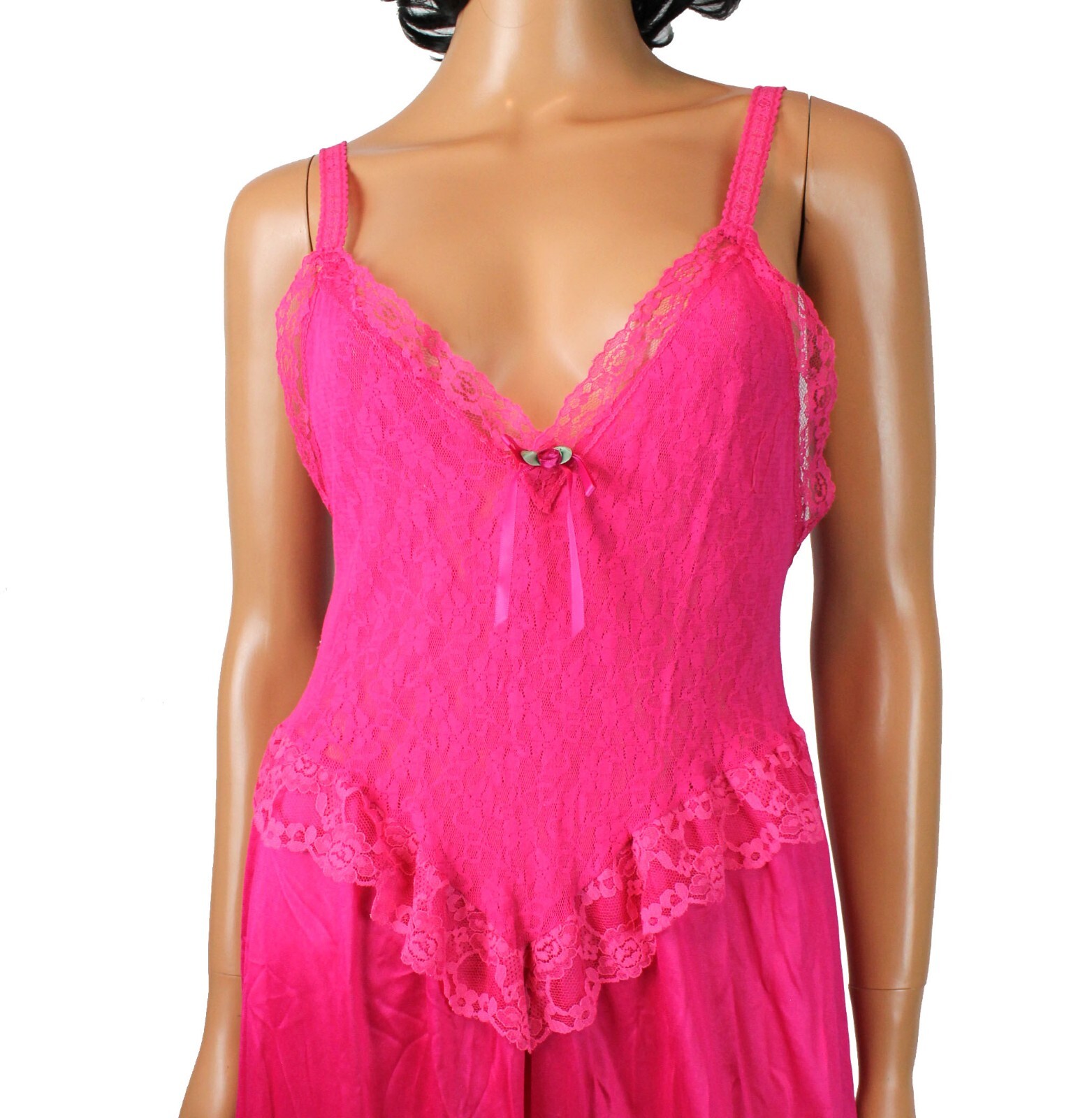 Stretch Lace Nightgown Sz M L Vintage 80s Hot Pink Sleeveless Semi Sheer
