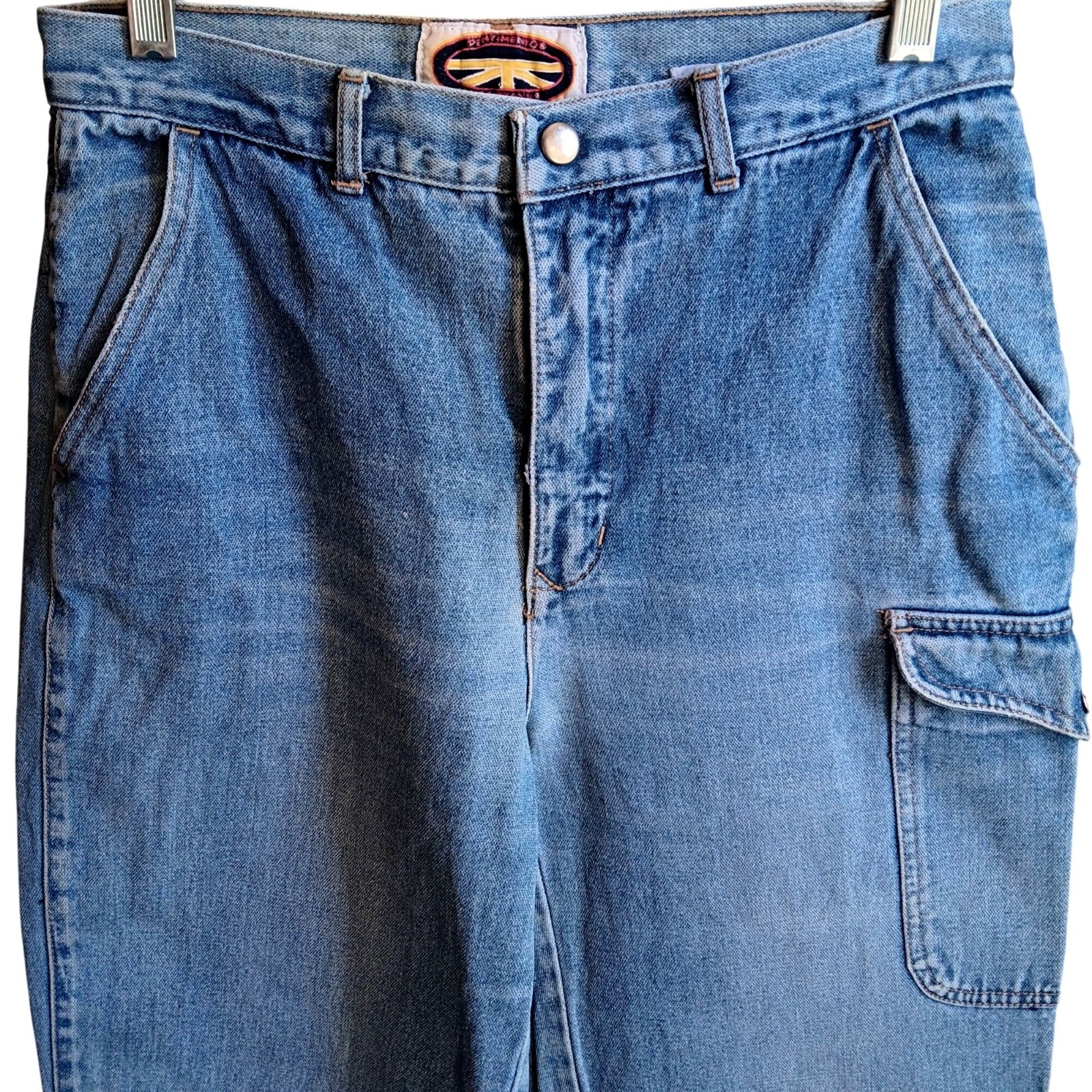 True Vintage 80s Cargo Jeans 11 29×32 Snap Cuffs Distress Pentimento Brittania