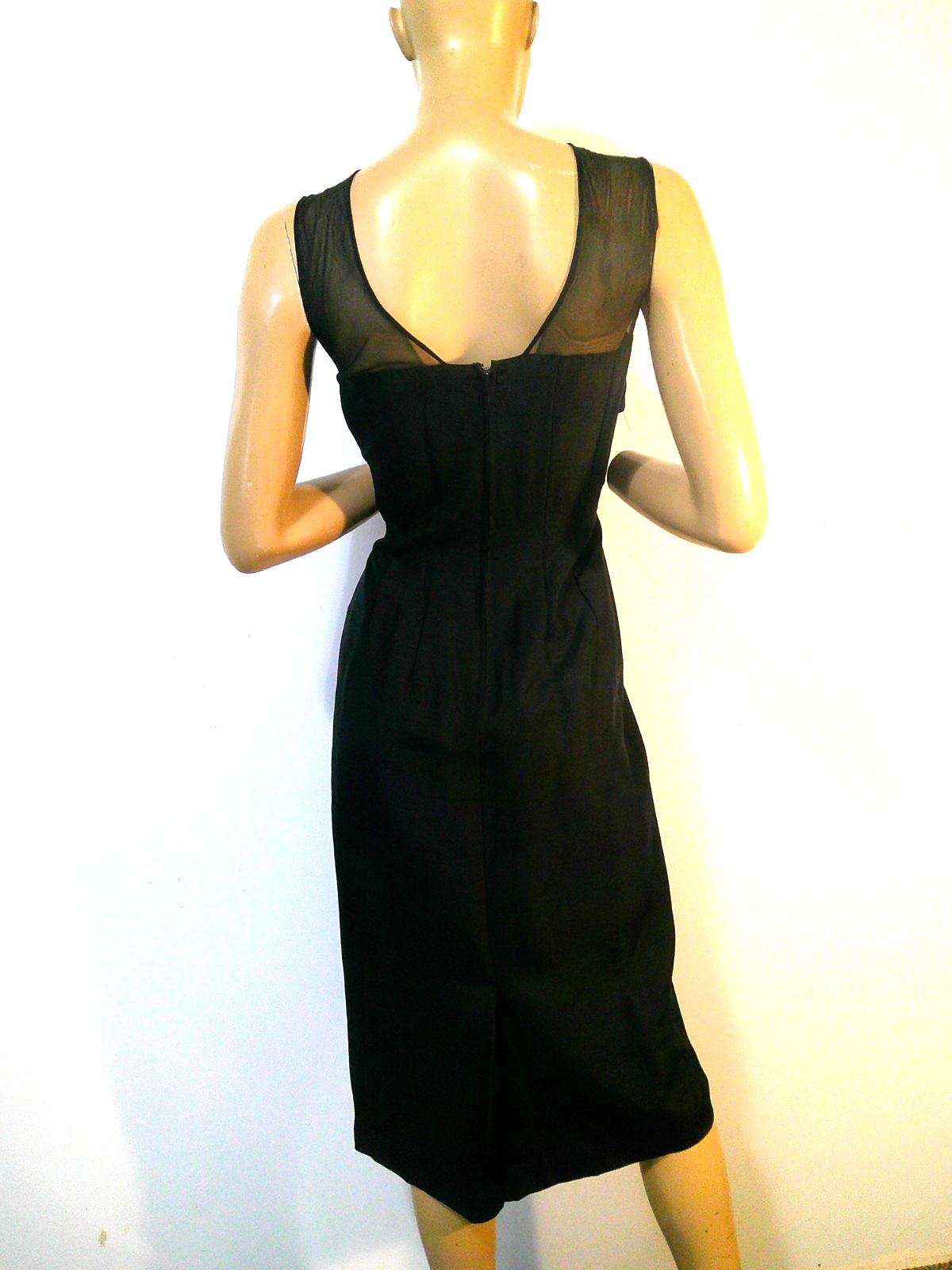 Vtg 50’s Black Raw Silk Illusion Wiggle Hourglass Pin Up Dress MINT 36-28-38