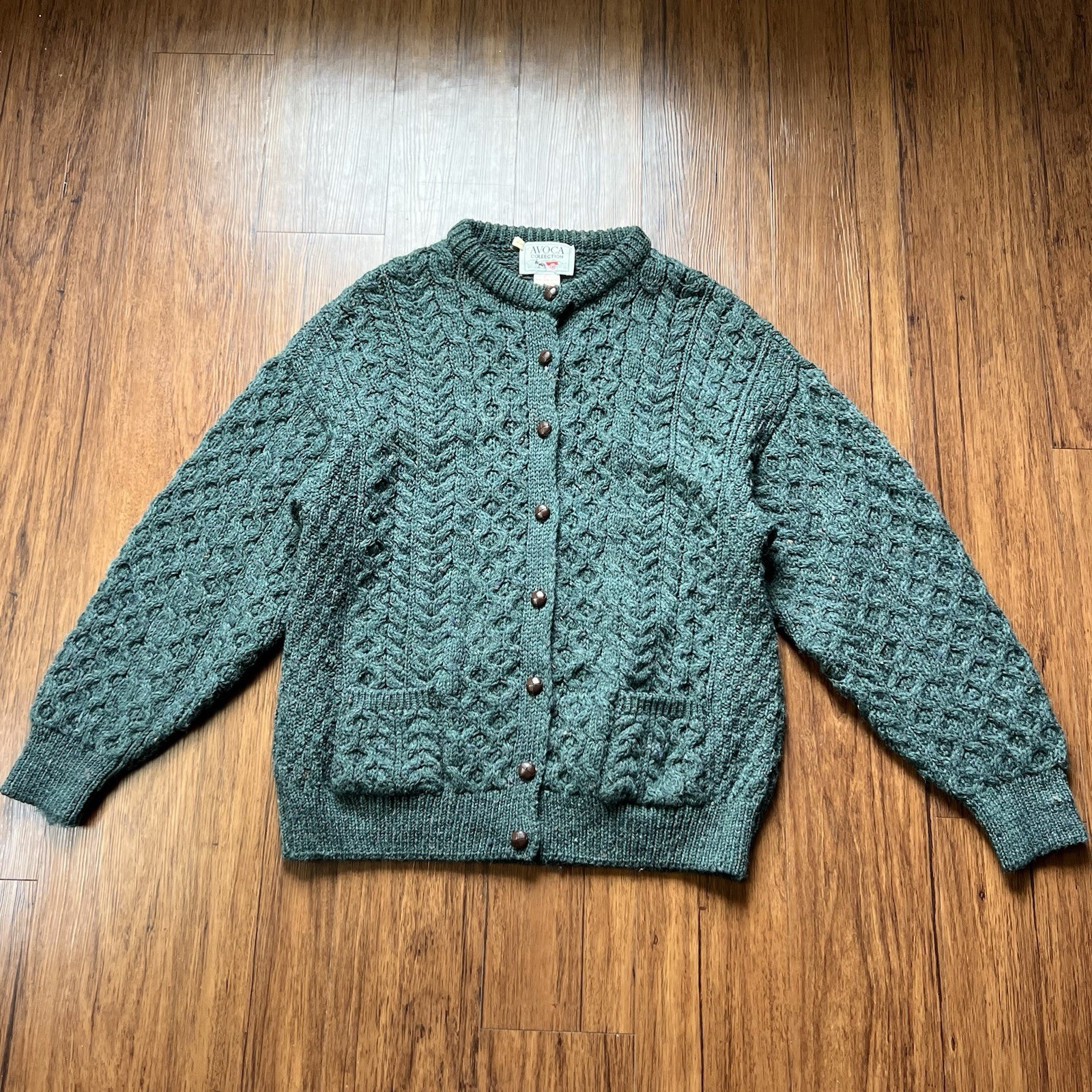 Vintage Avoca Collection Sweater Cardigan Large Green Wool Chunky Button Ireland