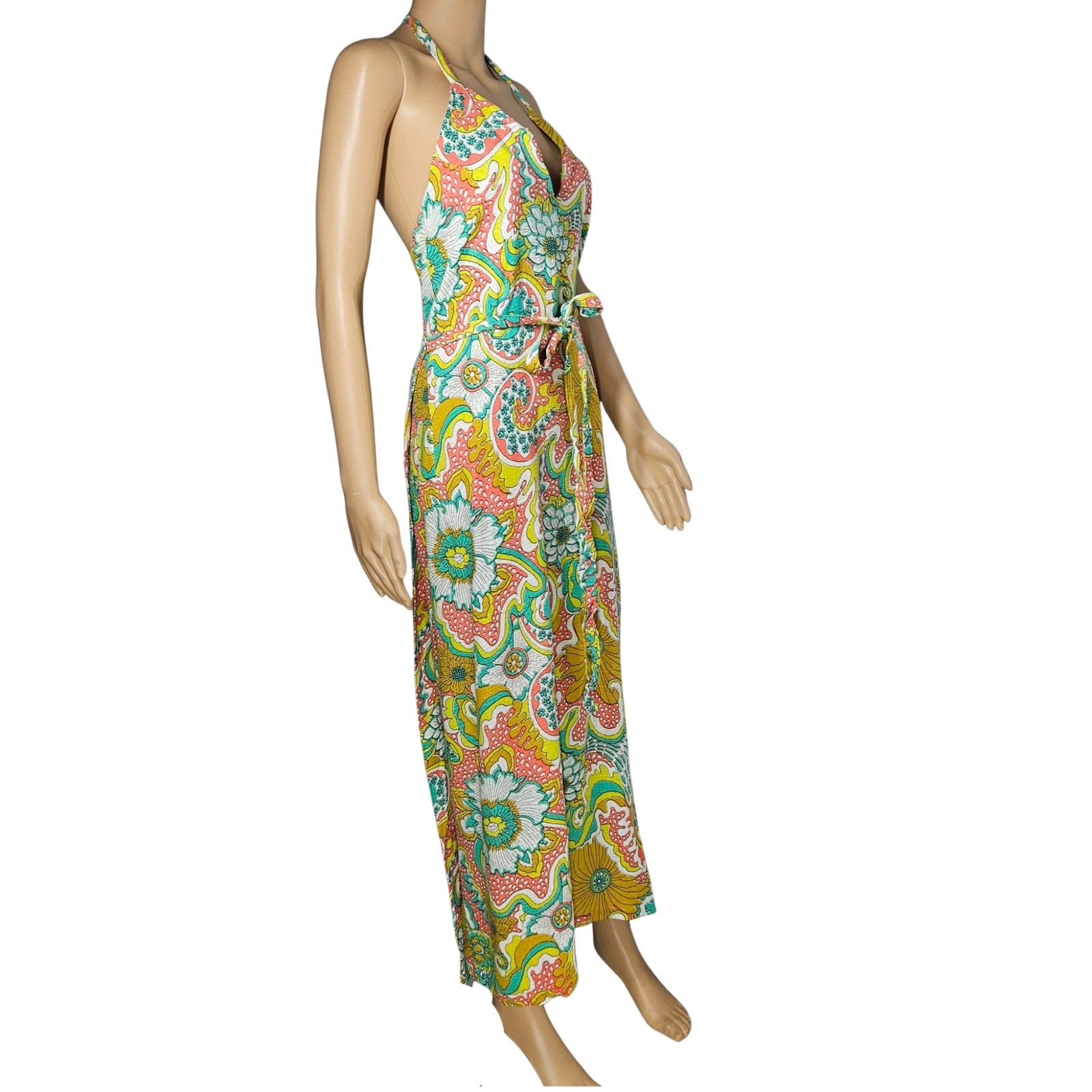 70s Wrap Maxi Dress Yellow Handmade Floral Vintage Strappy Backless 2 pc Size S