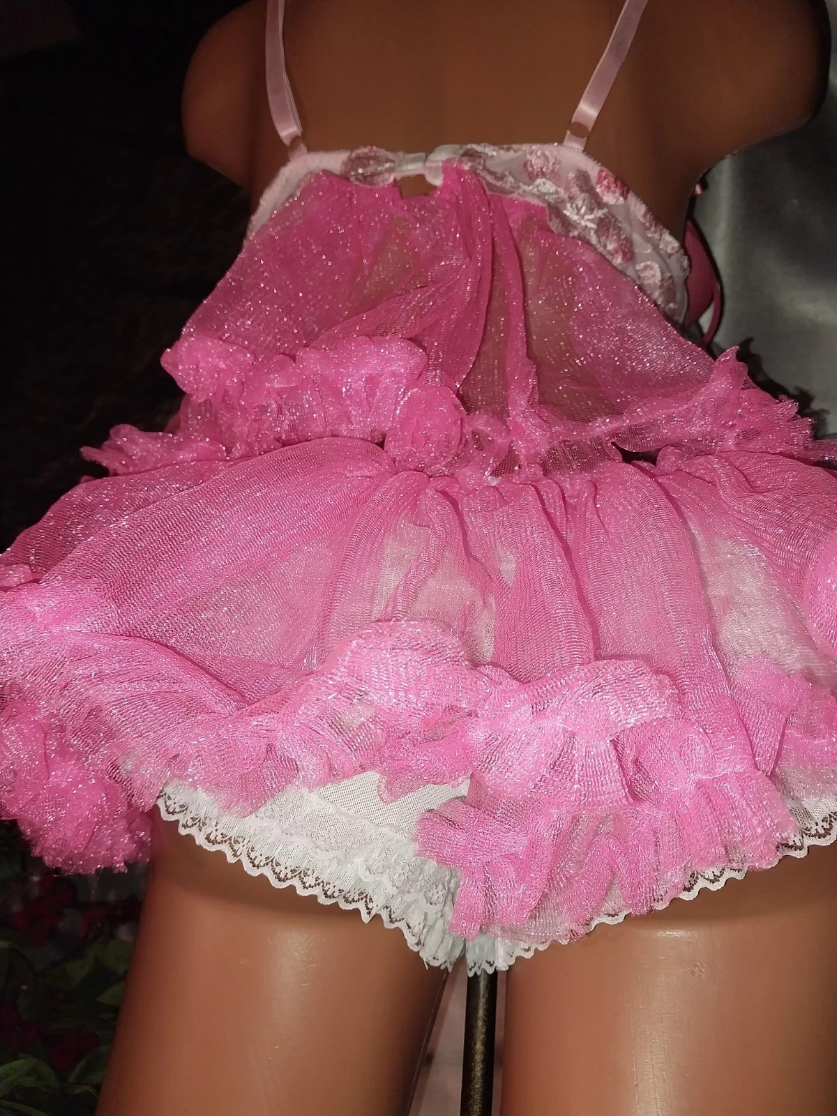 vtg SILKY SHINY NYLON RUFFLES CHIFFON PINK LAYERS LACE BRA TOP SISSY PANTIES SET