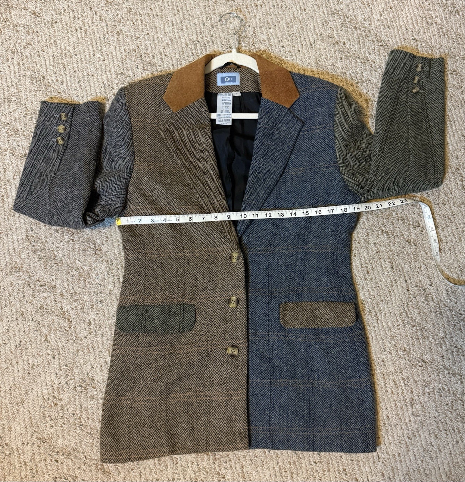 Vintage 90s QPS Wool Blend Herringbone Patchwork Blazer Suede Collar Size 8