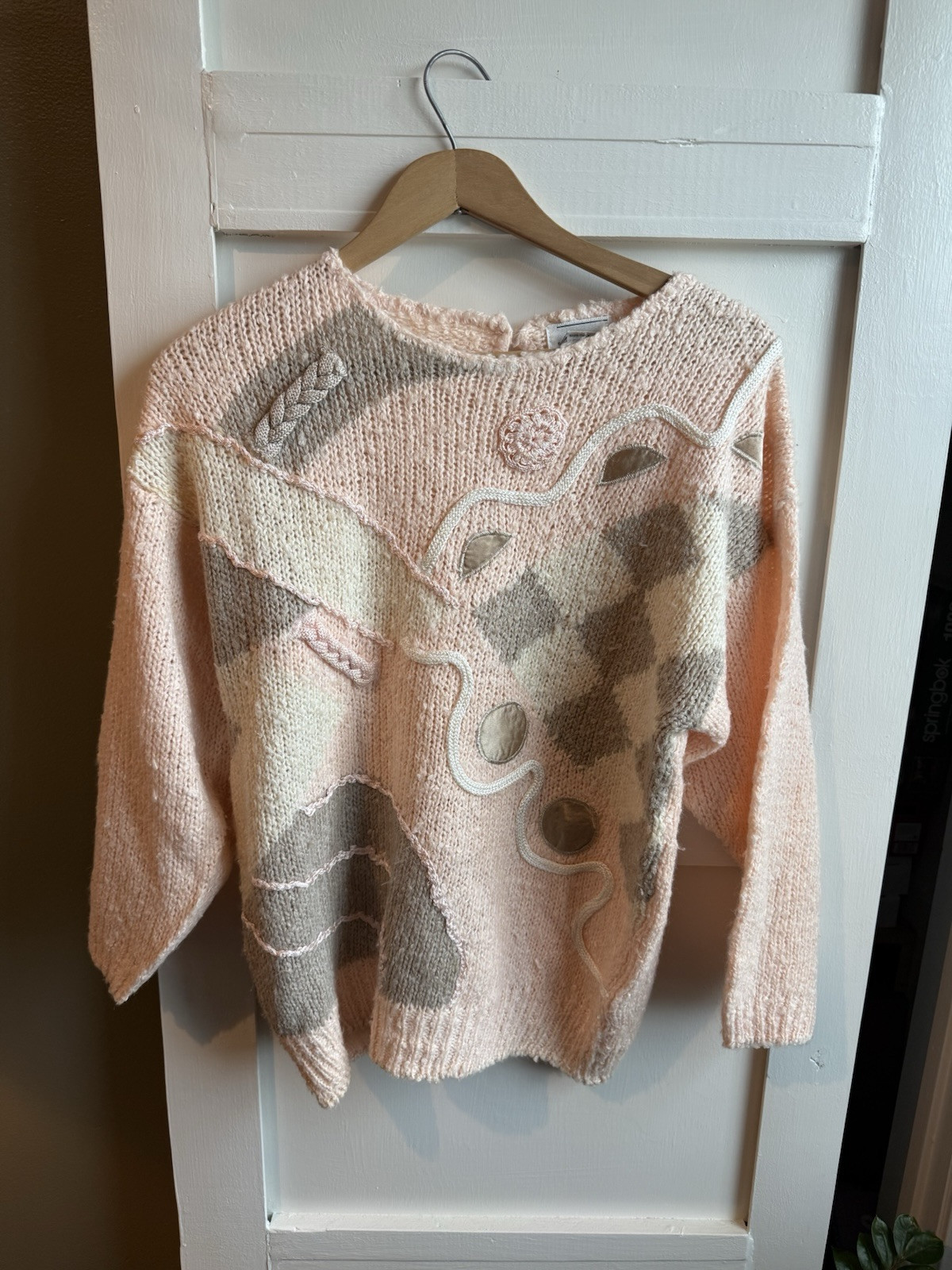 Vintage 80s Floral Appliqué Margules Women Sweater Pink Sz M