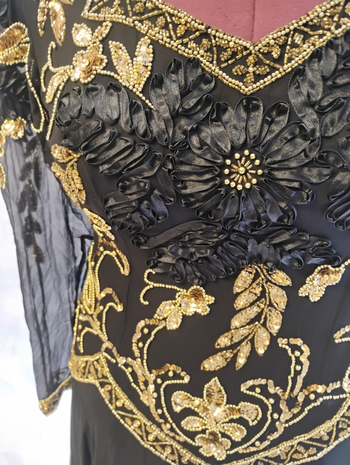 Isabella Gold Sequin Beaded Silk Evening Gown Formal Glam Rock Luxury Sz 20