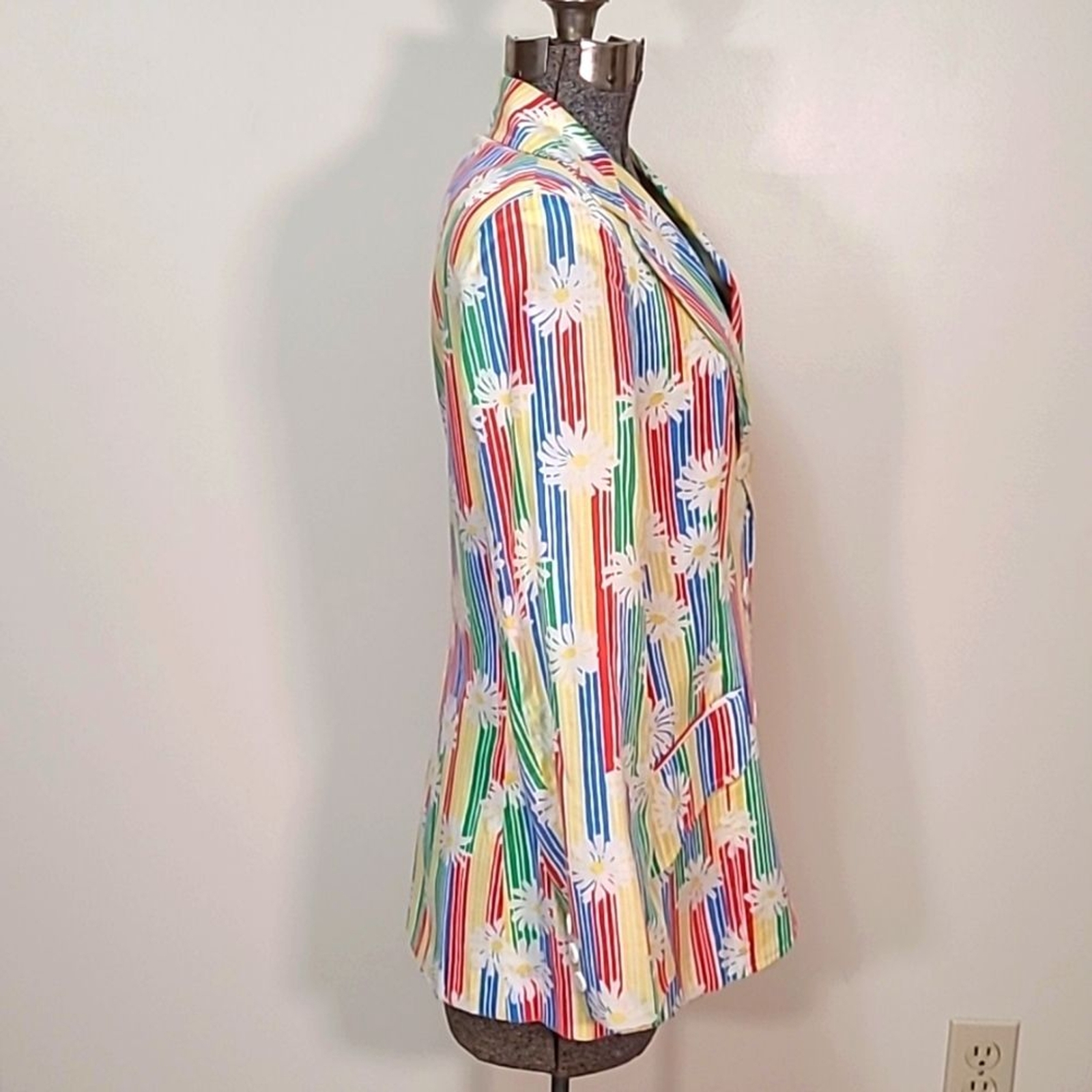 1970s Ah! Austin Hill Blazer Jacket Rainbow Stripes & Daisies Print 10 Pride Mod