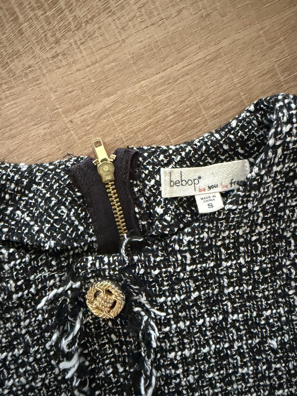 BeBop Black and White Tweed Short Sleeve Dress with Gold Buttons, Sz Small