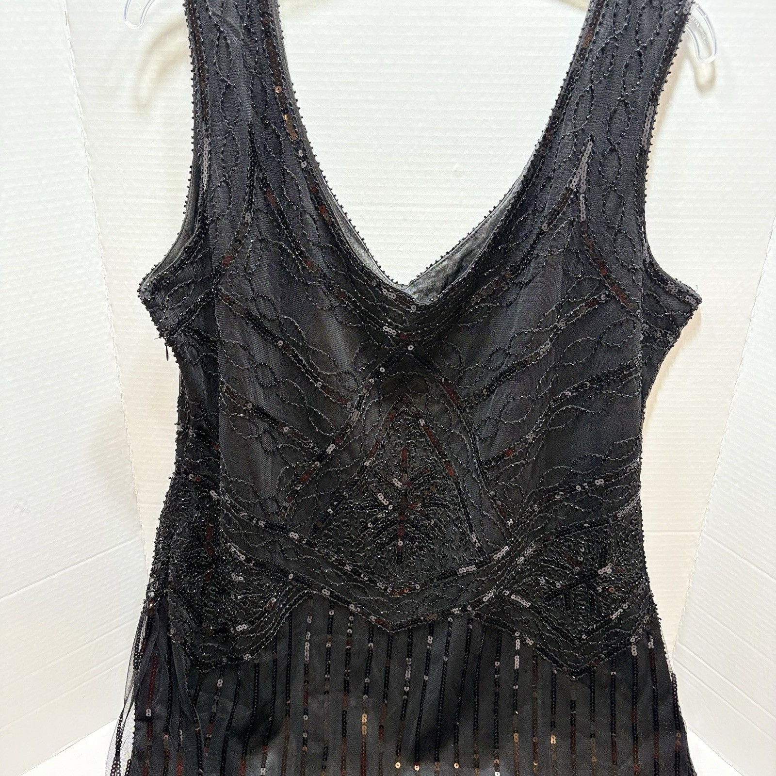 Black Sequin Beaded Flapper Dress Gatsby Fringe Mesh Cocktail Party Dress 3XL