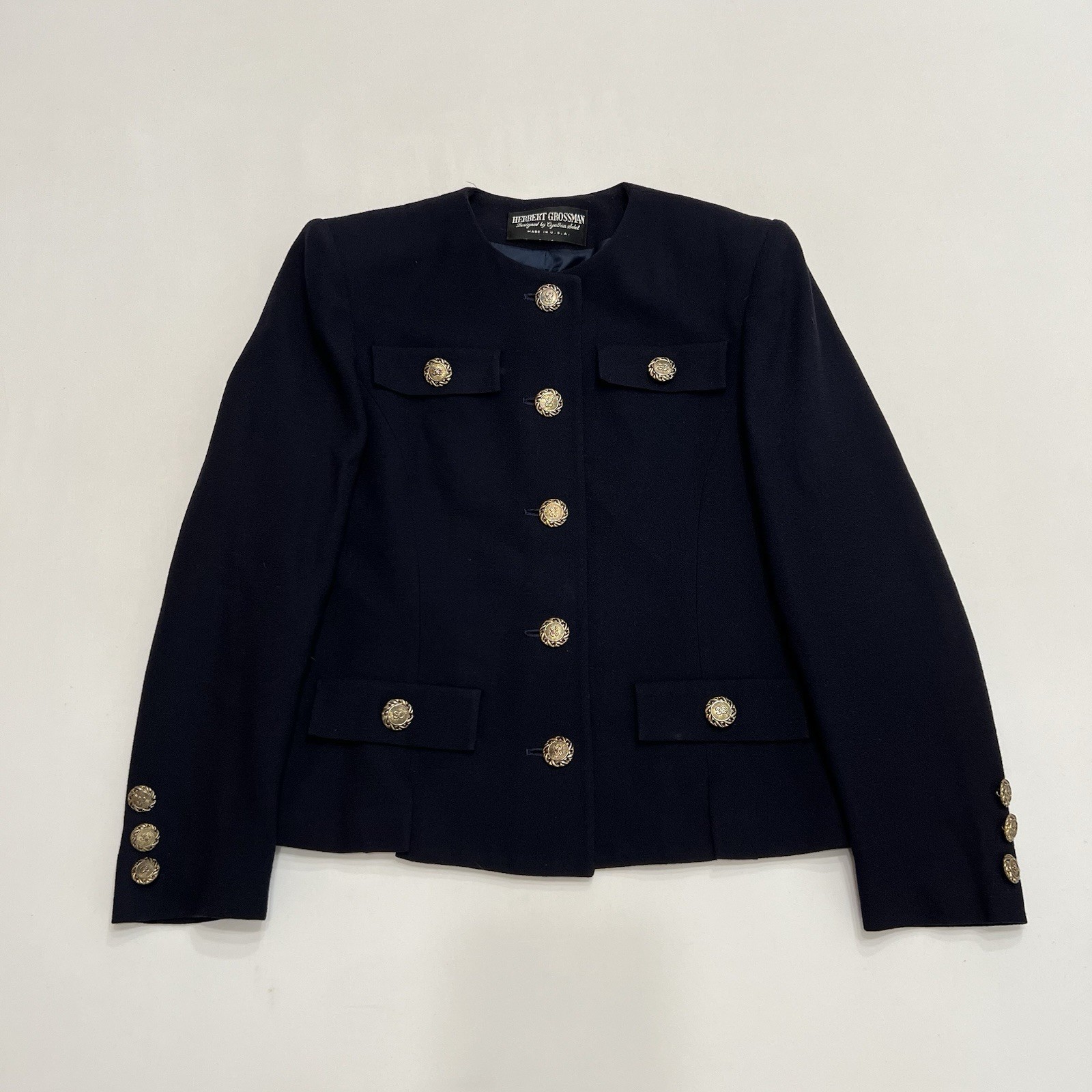 Vintage Herbert Grossman Button Front Wool Jacket Navy Gold Union Made Sz Med