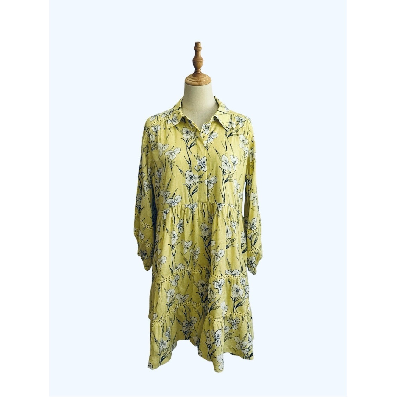Anthropologie Maeve Bettina Mini Shirt Dress Linen Yellow Floral Size Small New
