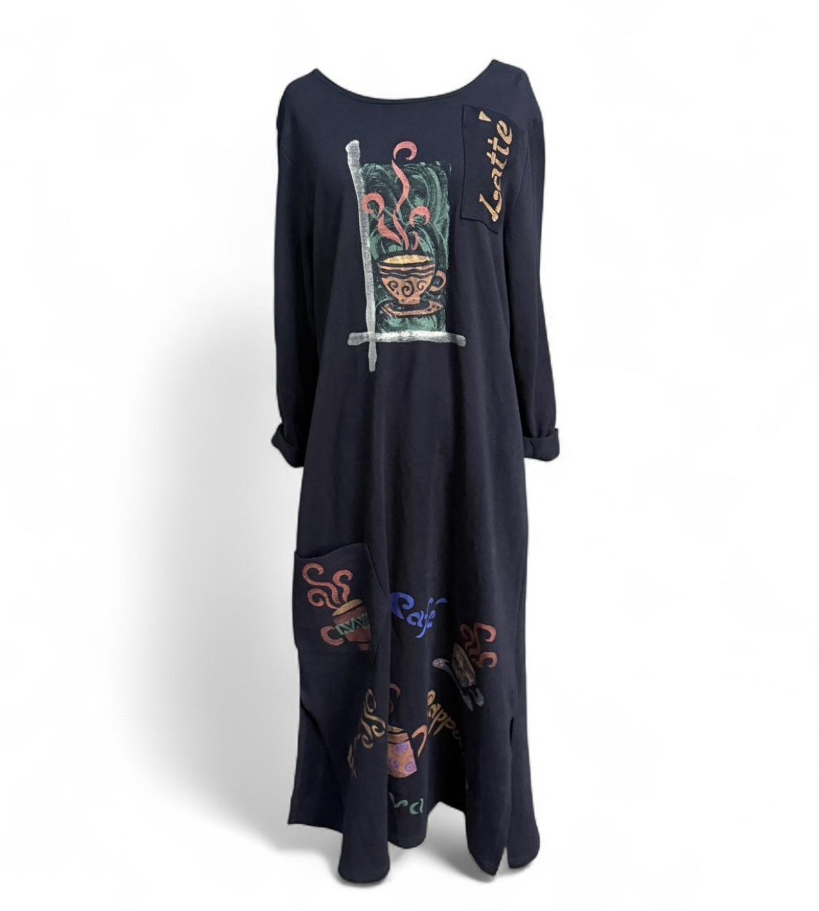 Cité Vintage 90’s Hand Painted Long Sleeve Black Maxi Dress Coffee Theme Café S