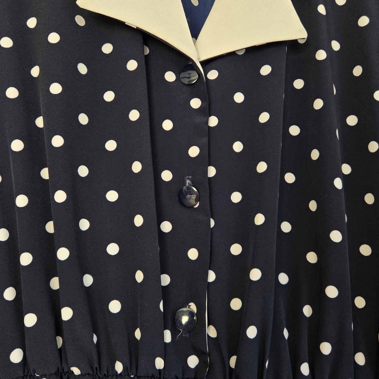 Vintage Serbin Dark Academia Blue Polka Dot Midi Shirt Dress Contrast Collar 10