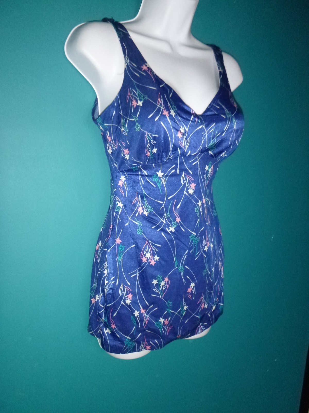 Vtg 70s Maxine of Hollywood Swimsuit One Piece BLue W/ Flowers Sz 18