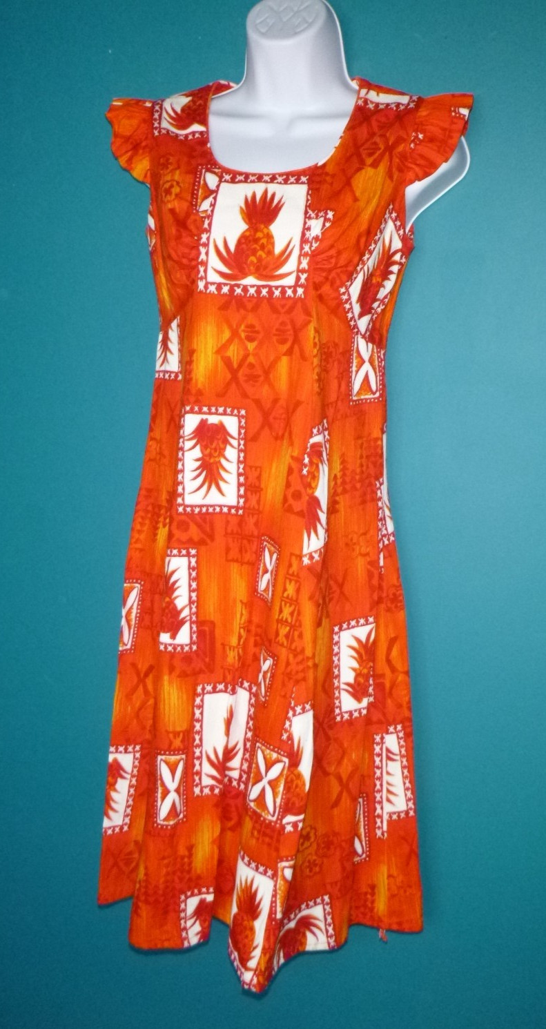 Vtg 60s Hukilau Fashions Hawaiian Barkcloth Midi Dress Orange Pineapples Sz XS