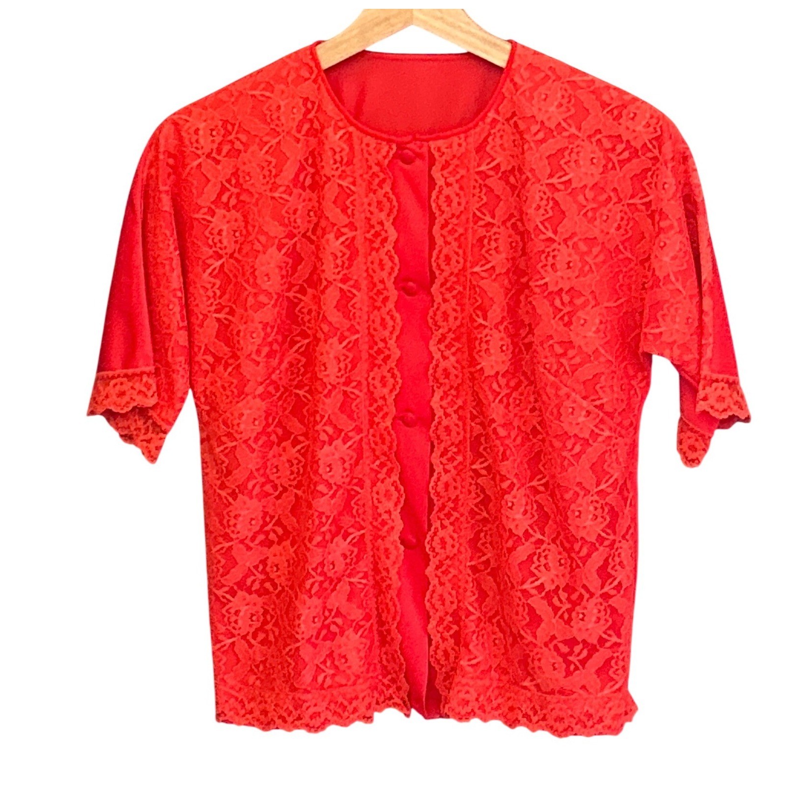 Vintage Charmode Lace Front Cardigan Top Coquette Romantic Red 34 Grandmacore