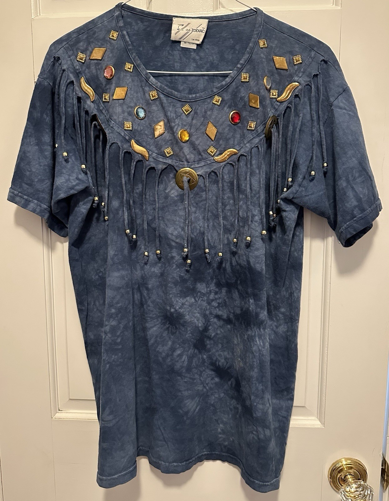 Vintage Club Zodiac Embellished Fringe Top Tie Dye Studded Boho Festival Tee