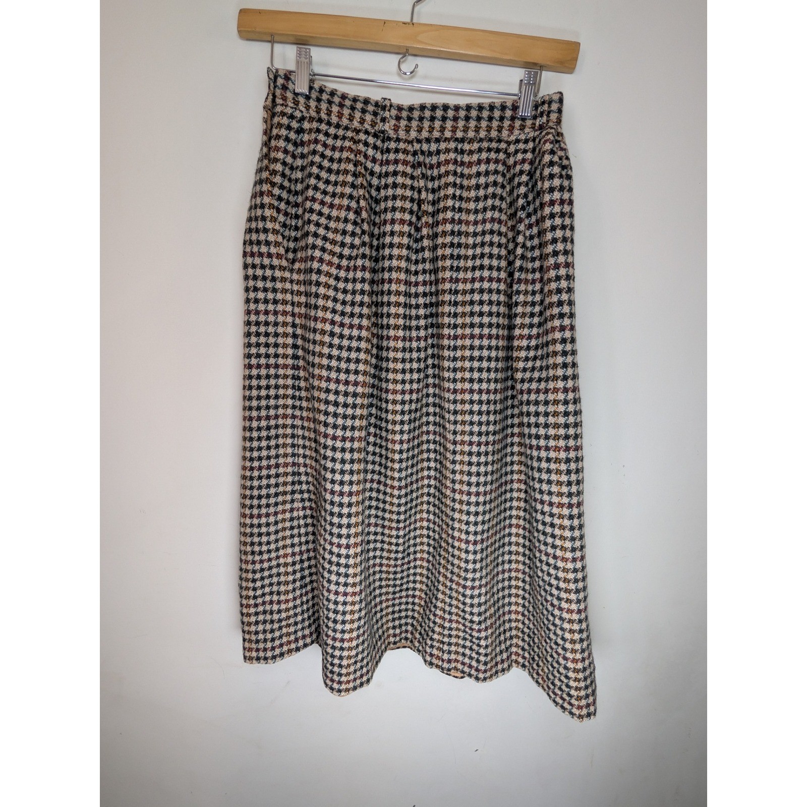 AUSTIN HILL Vintage 100% Wool Tweed Houndstooth Midi Skirt Pockets 10 Academia