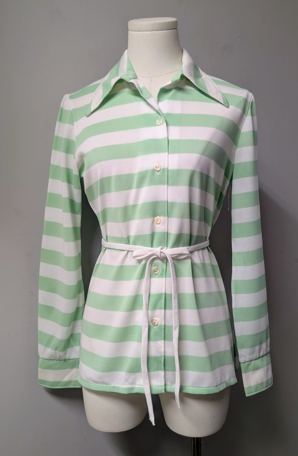 Vintage 70’s Bodin Knits Deadstock Striped Mint Green White Top Belted Dagger 8