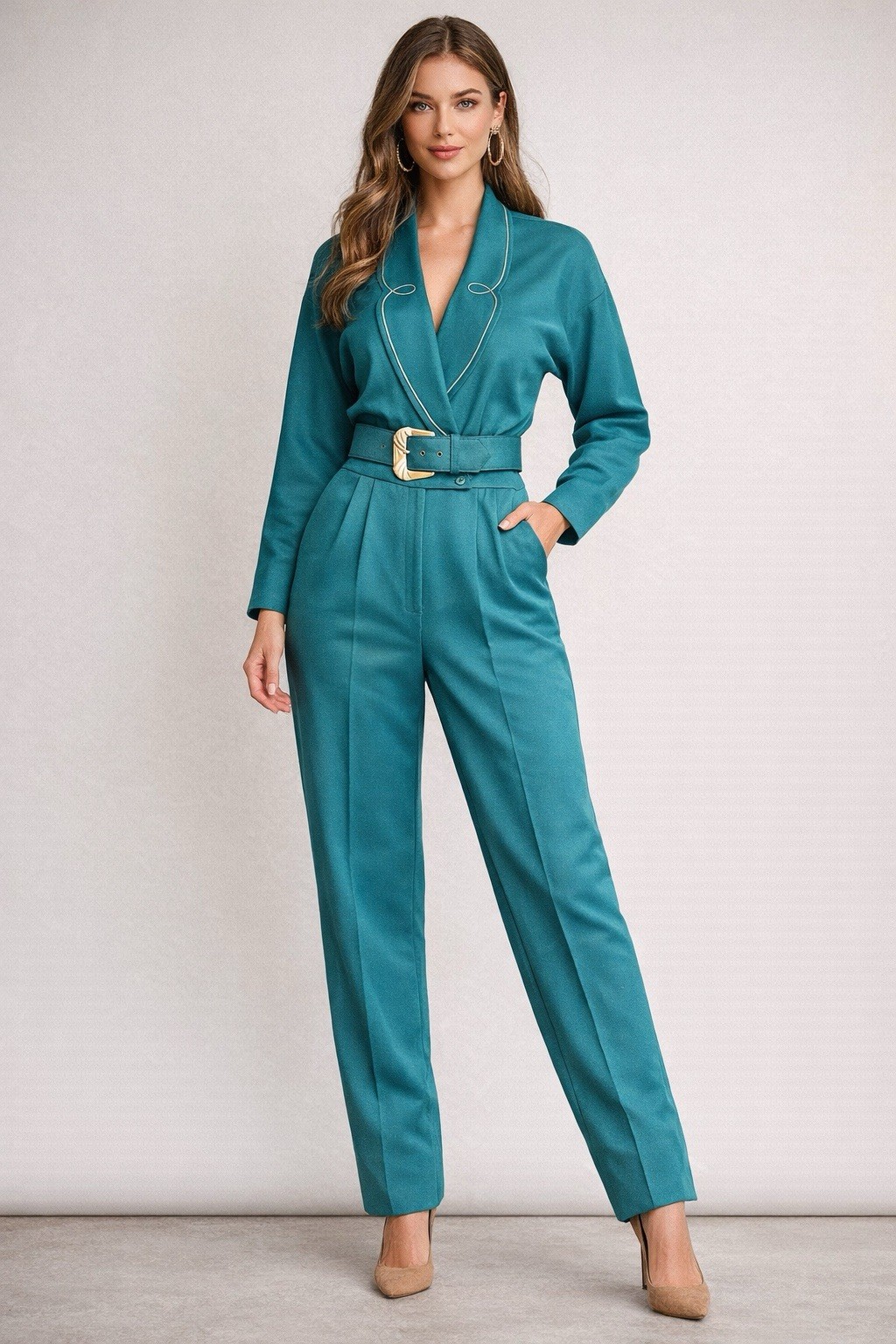 Vintage 80s Teal Power Jumpsuit Belted USA Made Joan Walters Petite 80s tailored