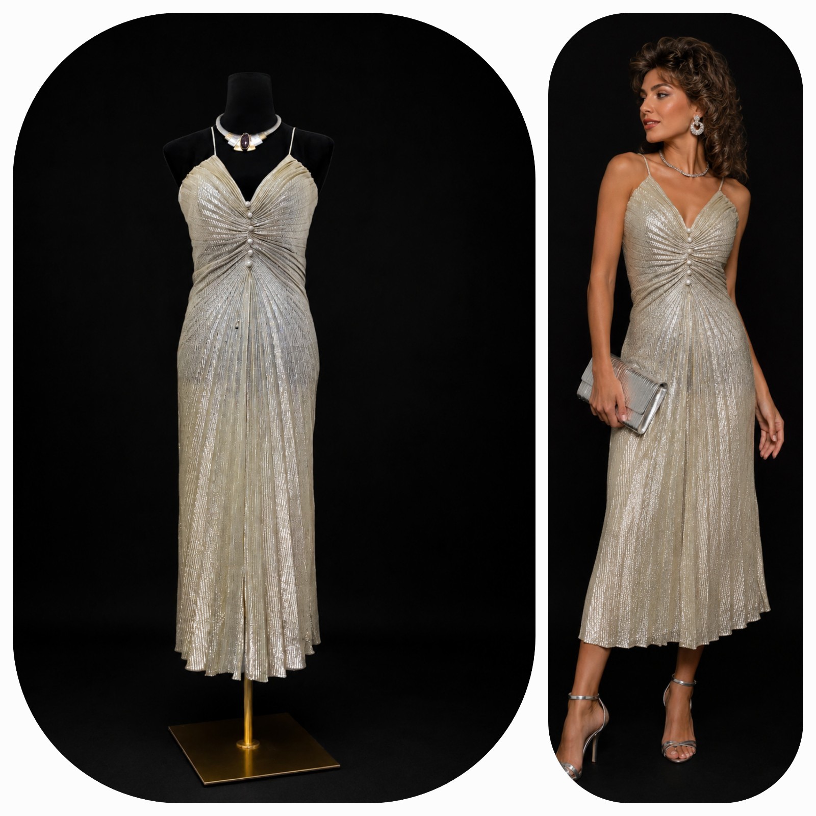 VTG 70s Metallic Silver Dress New Leaf by Samir(No Tag)Disco Pleated As Is