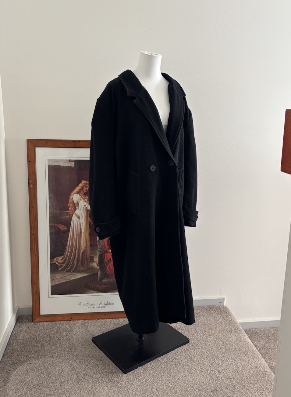 Vintage Riki Nathan Black Wool Cashmere Blend Longline Trench Coat M/L Business