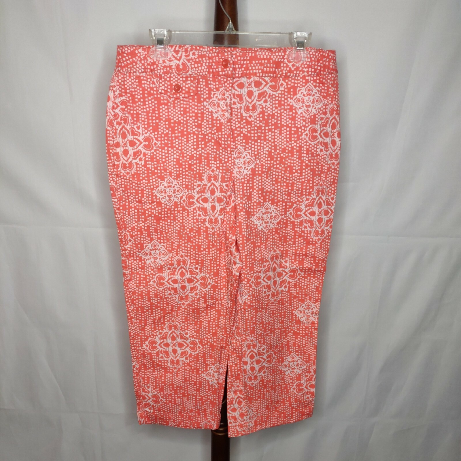 Classic Elements Vintage women’s 10P capri pants orange white print zip pockets