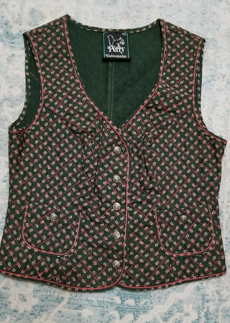 Vintage German Perry Trachtenmoden Quilted Oktoberfest Vest Pewter Buttons S
