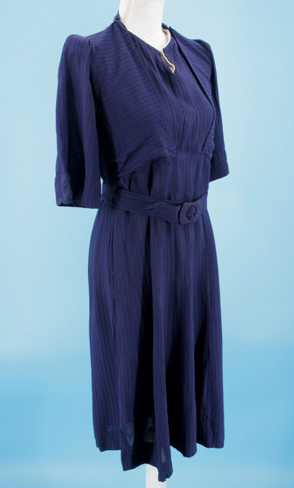 VTG Women’s 30s Navy Blue A Line Midi Dress W/ Belt Sz XS/S 1930s Rayon?