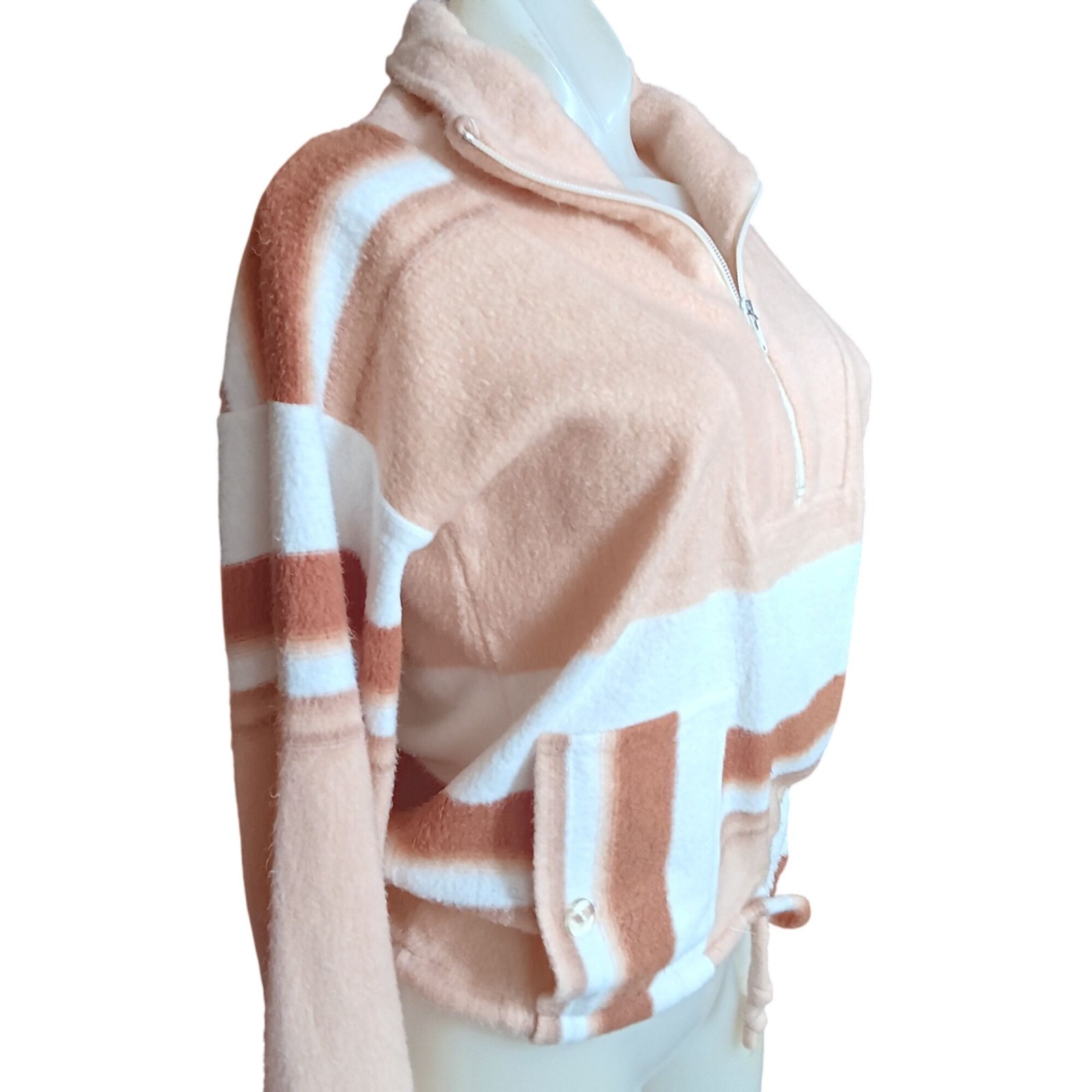 True Vintage Fleece Pullover Medium 1970’s Peach White Striped Half-Zip Boho