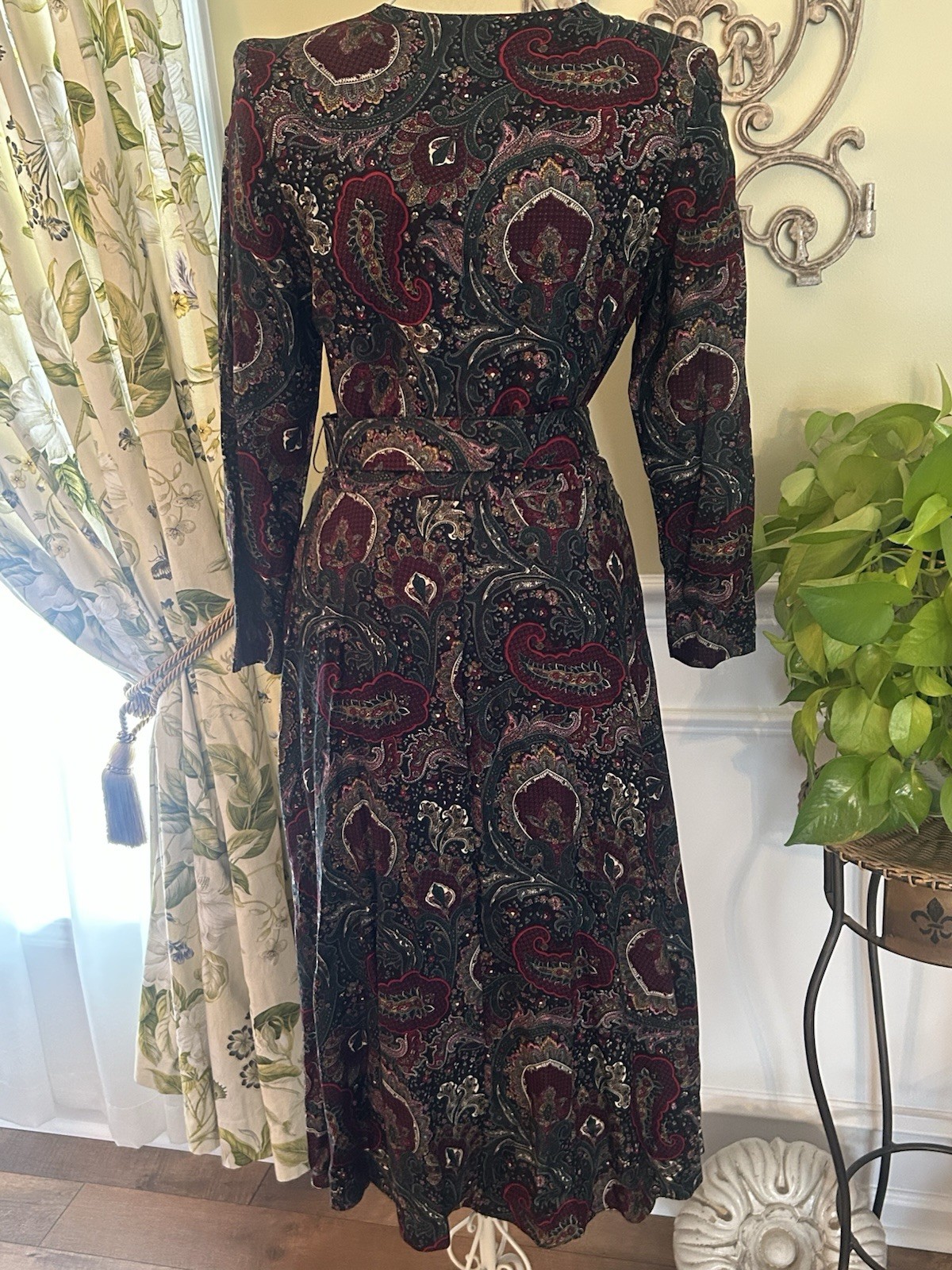 Vintage 80’s Paisley Dress 5/6 Burgundy Green Holiday Career Estate ED Michaels