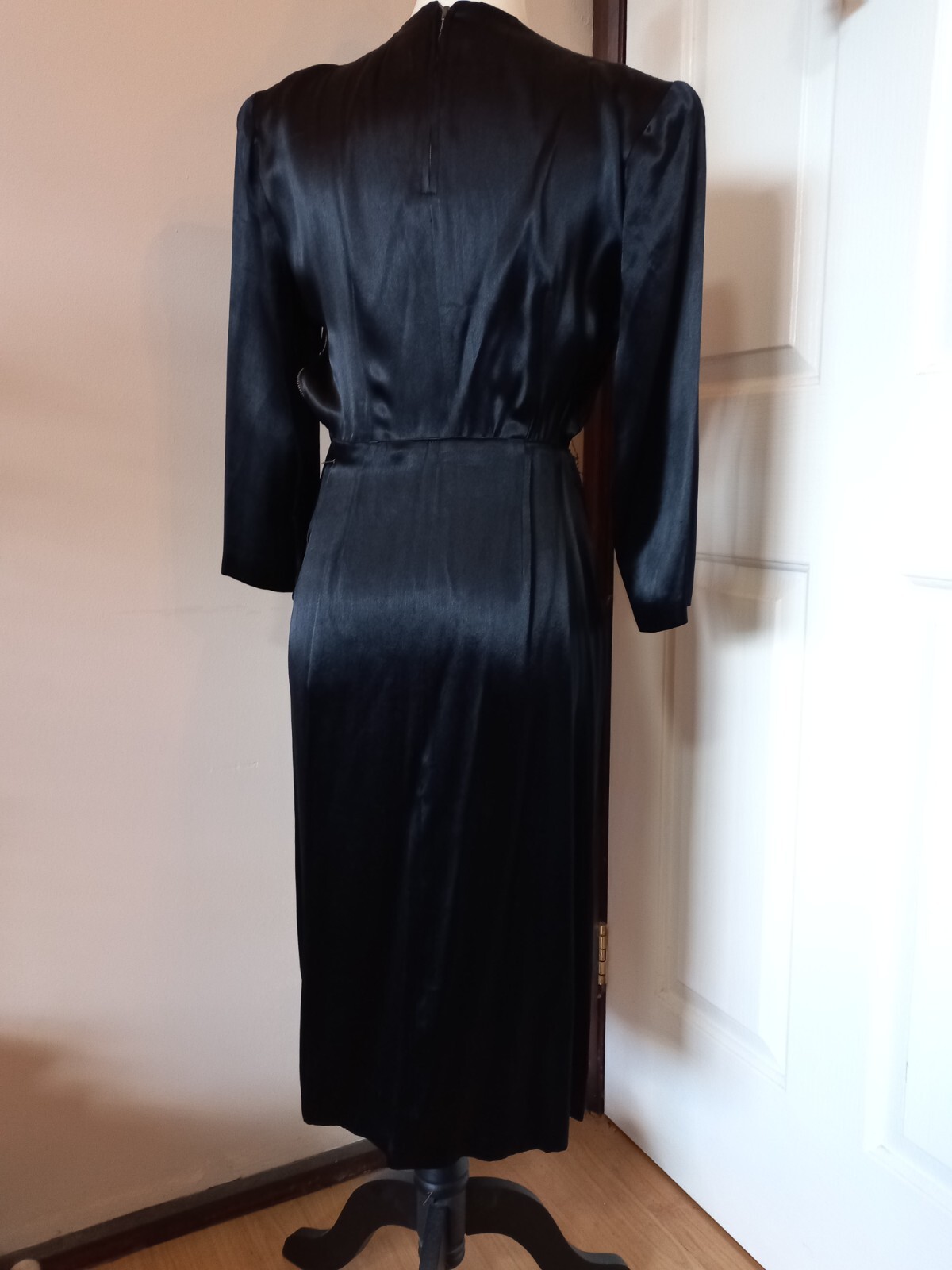Vintage 1940s Glossy Black Satin Charmeuse Femme Fatale Film Noir Dress XS