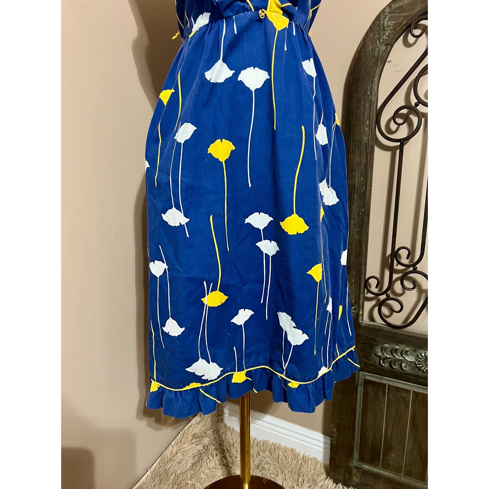 Vintage 70s Blue & Yellow Floral Tank Sundress Retro Mod Size Small