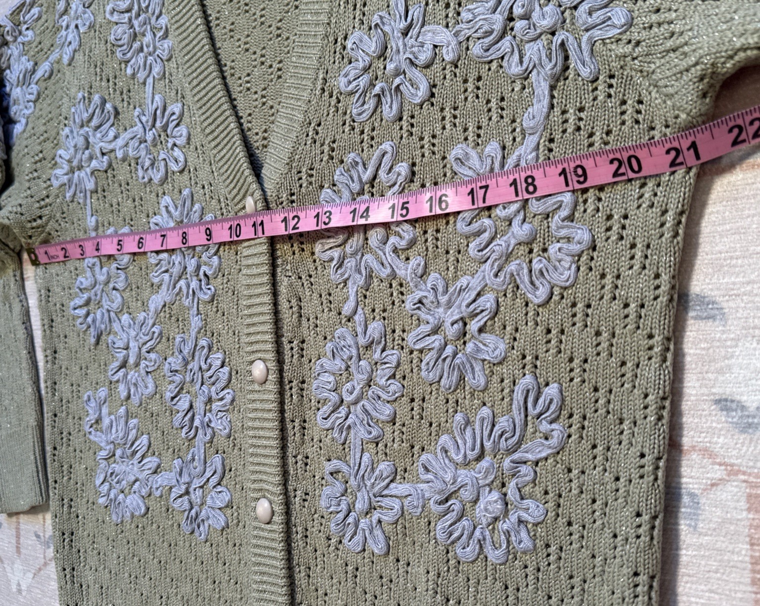 Vintage Fully Fashion Crochet Knit Appliqué Metallic Cardigan Wool Blend S-M