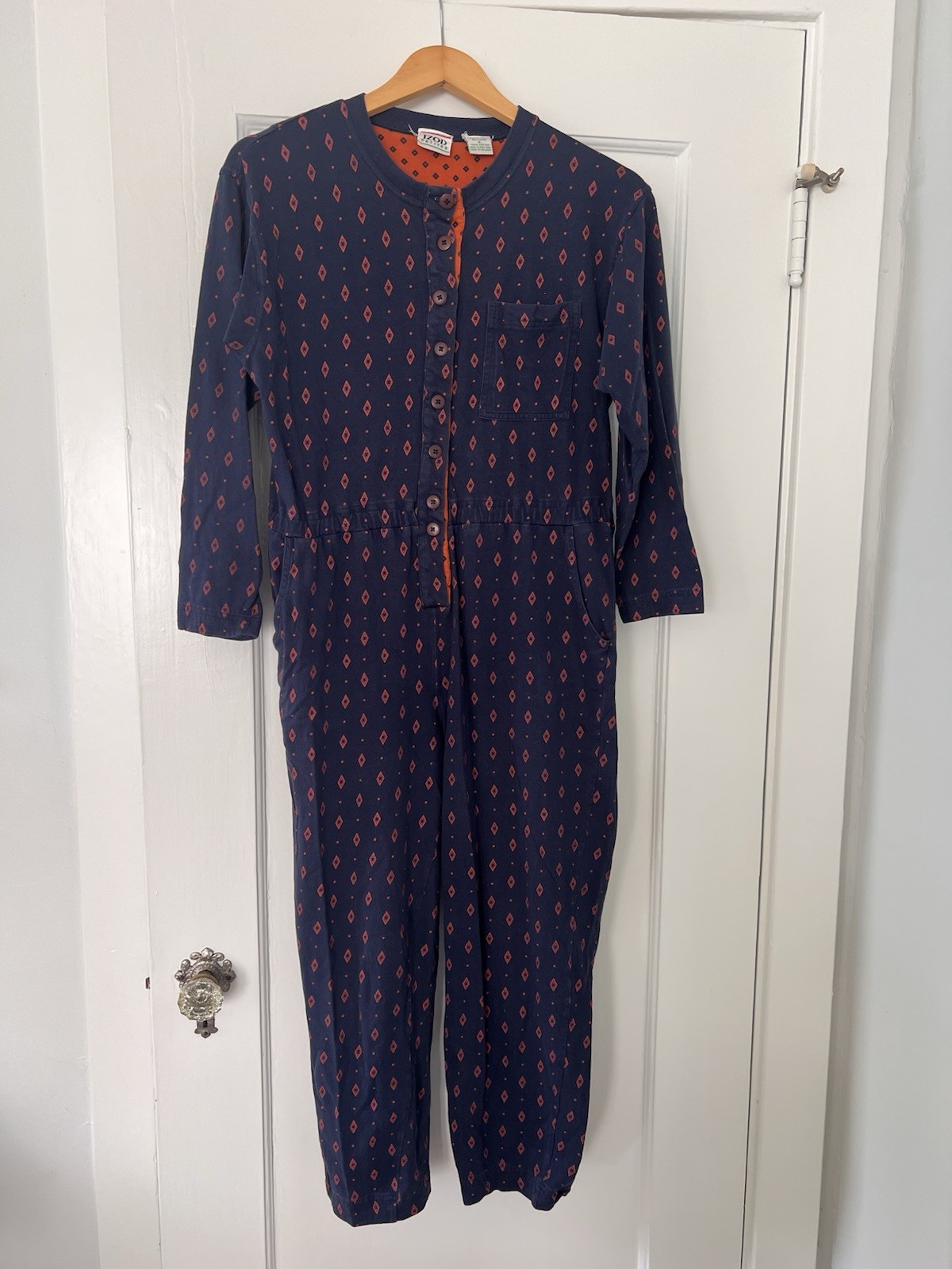 Vintage IZOD PETITES Ladies Navy Blue & Orange Knit Jumpsuit Romper Size S
