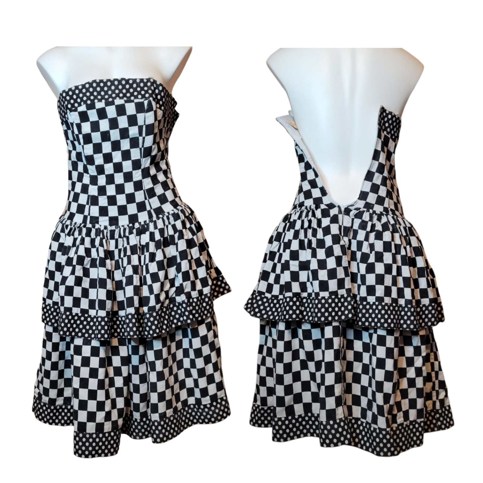 Vintage 80s Strapless Party Dress Black And White Checkered Chel’sea L’td