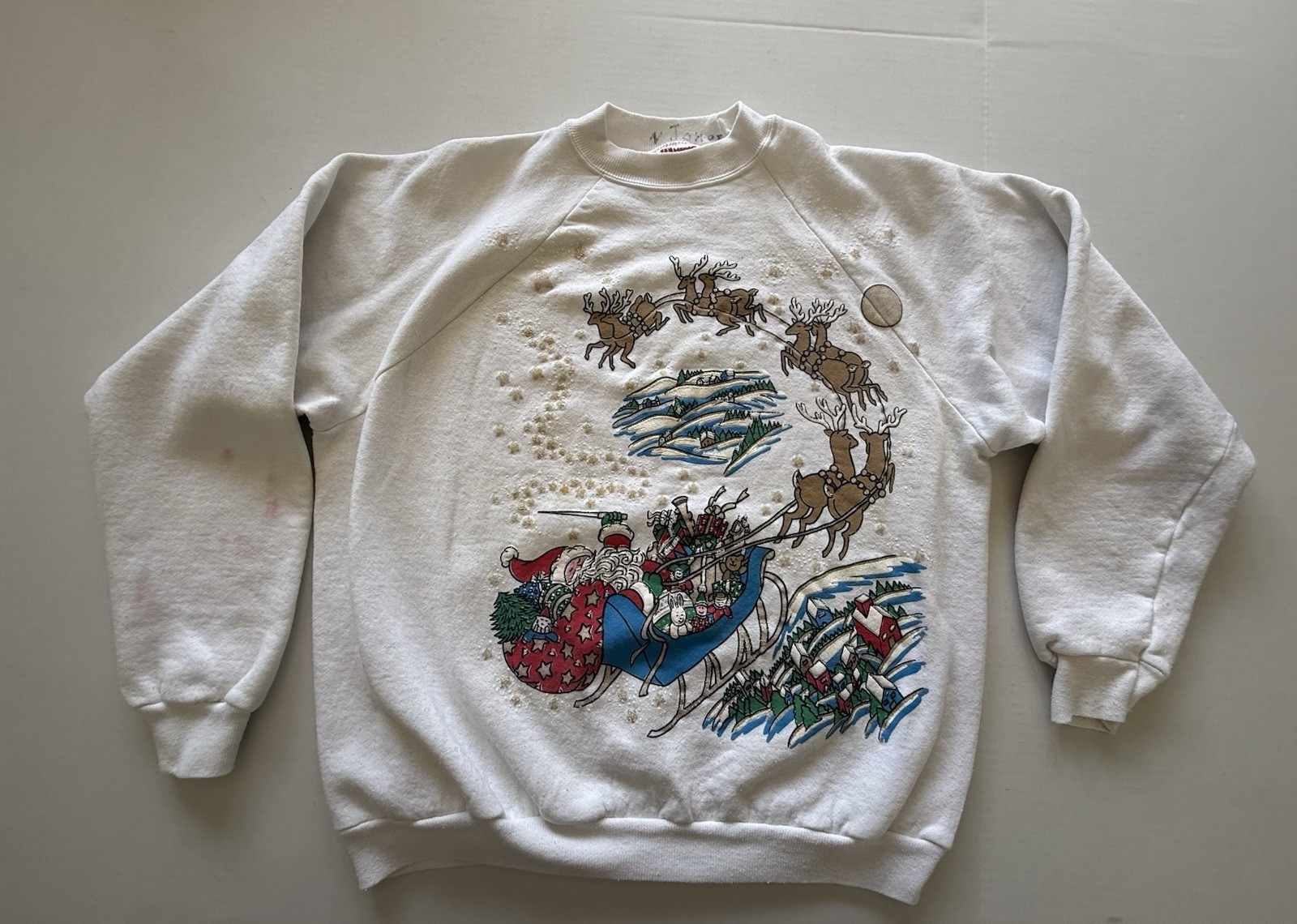 Vintage 80’s Holiday Time XL Santa And Reindeer Long Sleeved Sweatshirt Grandma