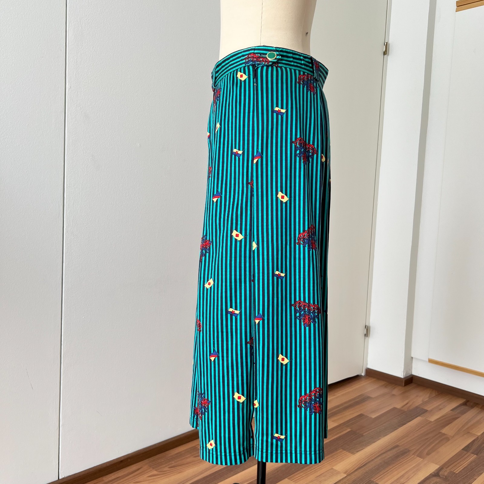 1980s BLEYLE Cotton Pleated High Waist Midi Skirt Preppy Summer Striped Aline 38