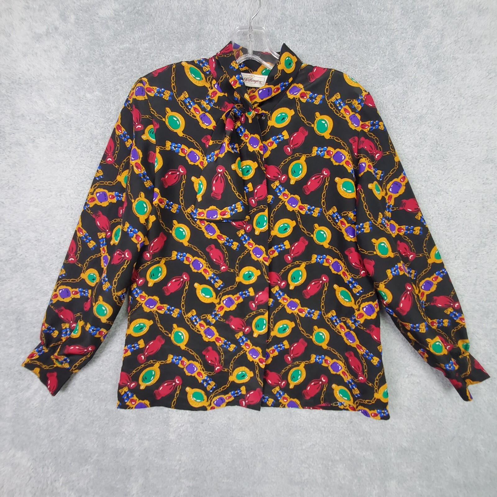 Vtg 70s Blouse Size M L Black Jewel Print Button Up Long Sleeve Poly Worthington