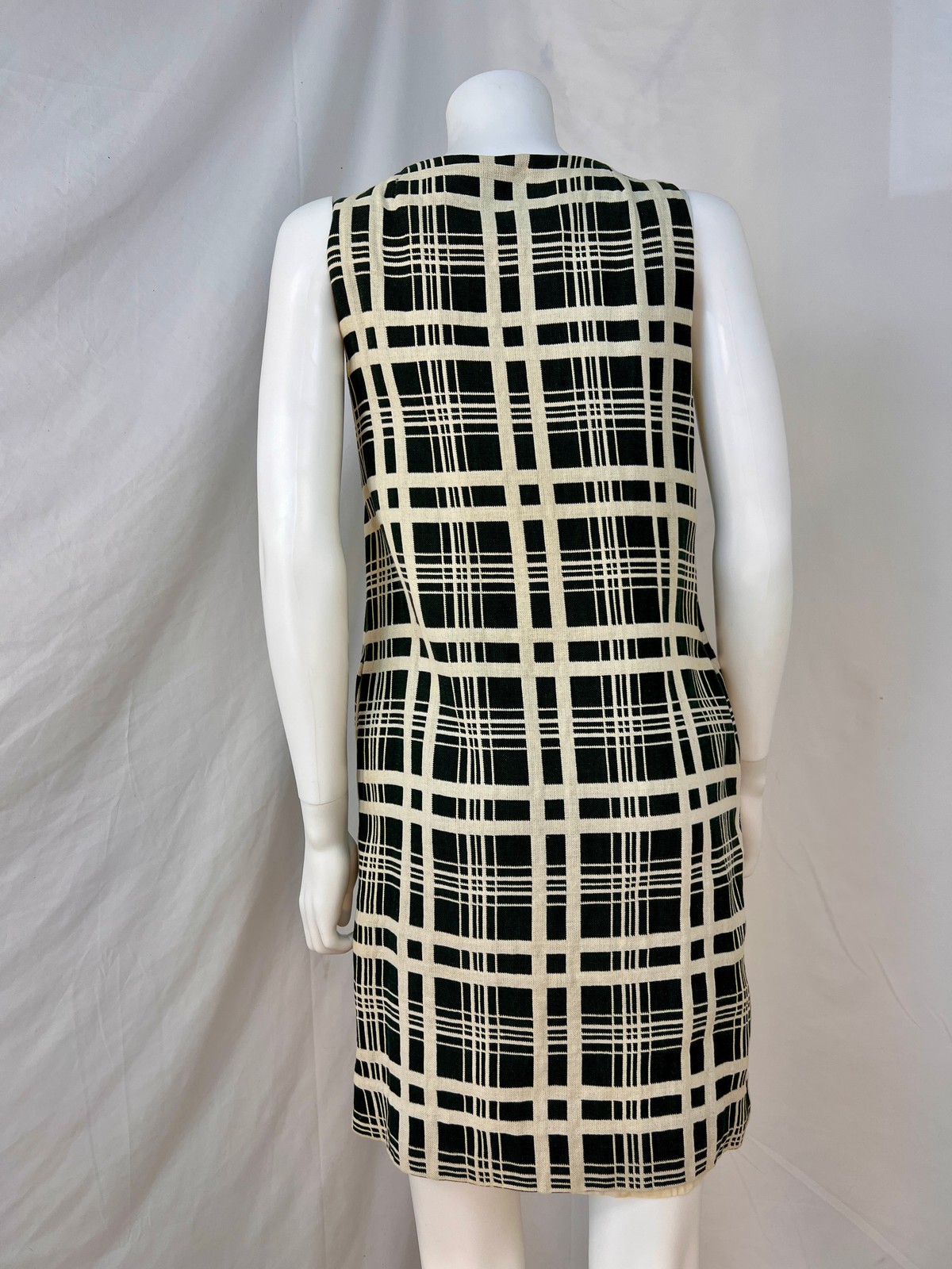 Vintage 60s Mod Style Forest Green and Cream Windowpane Plaid Shift Dress, S/M