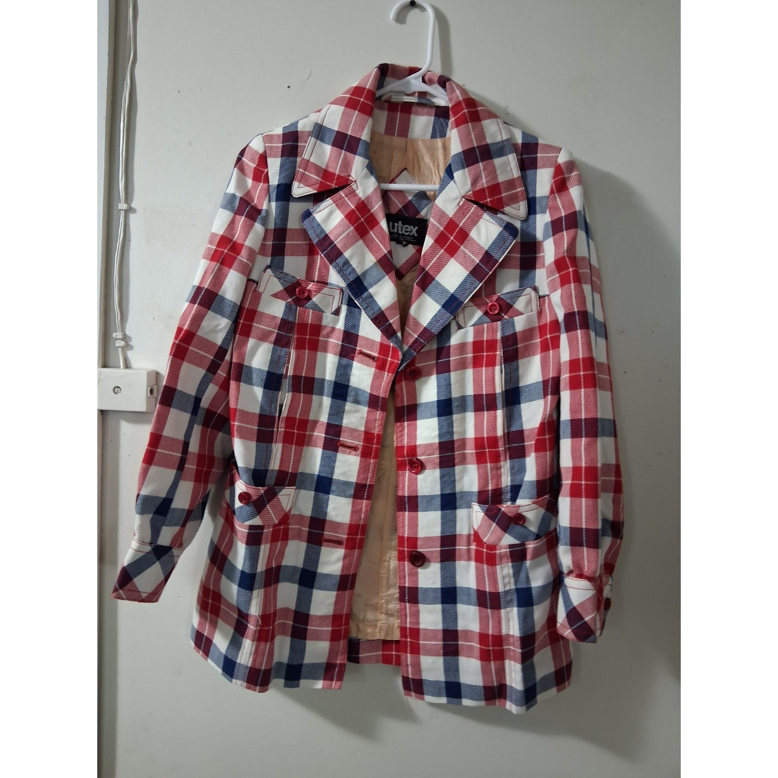 Vintage Utex Plaid Blazer Jacket Red White Blue 70s Mod Made in Romania Size 7/8