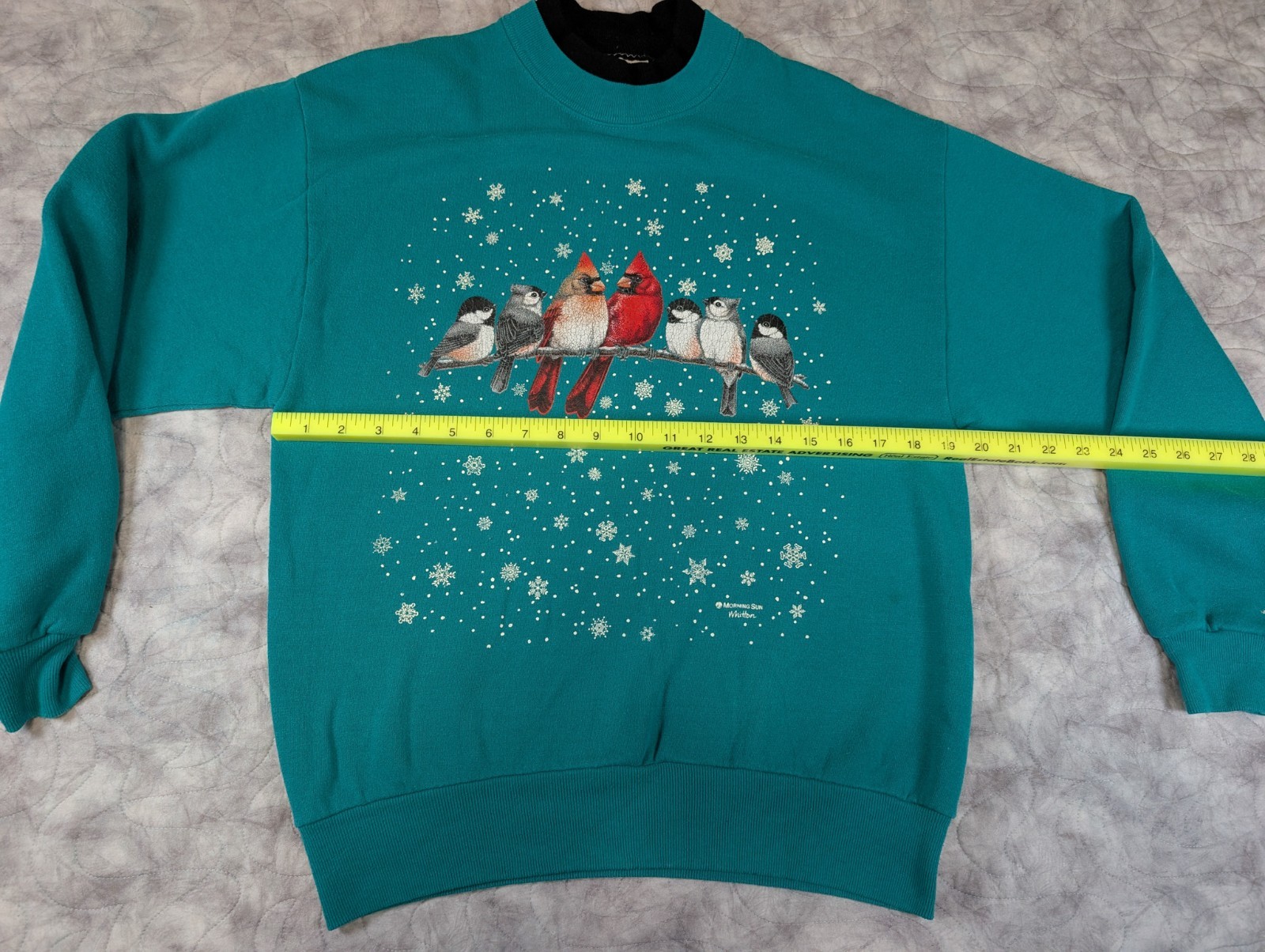 Vintage Morning Sun Whittier Bird Snow Christmas Sweatshirt USA Made Teal Size M