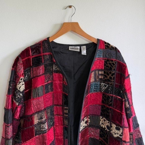 Chico’s Design Red Patchwork Silk Blend Open Front Jacket Boho Vintage Style