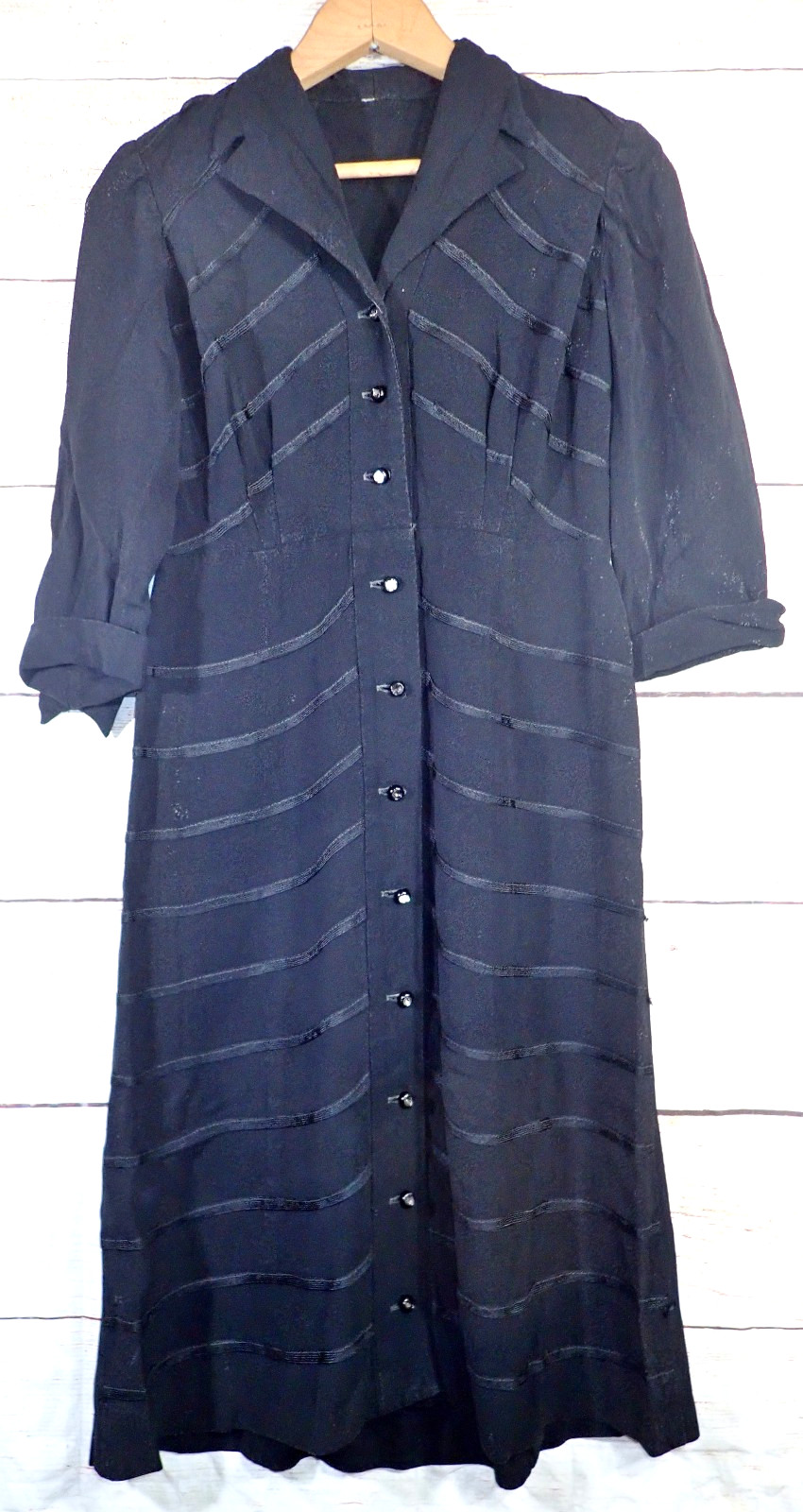 Rare Vtg 1930’s 40’s Womens XS Black Rayon Wool? Dress Rhinestone Button (Read)