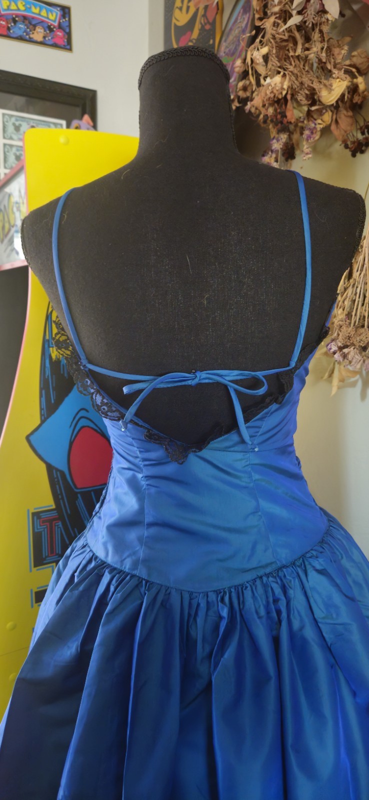 Vintage 1980s Blue And Black Gunnesax Prom Dress With Peek-a-boo Black Slip