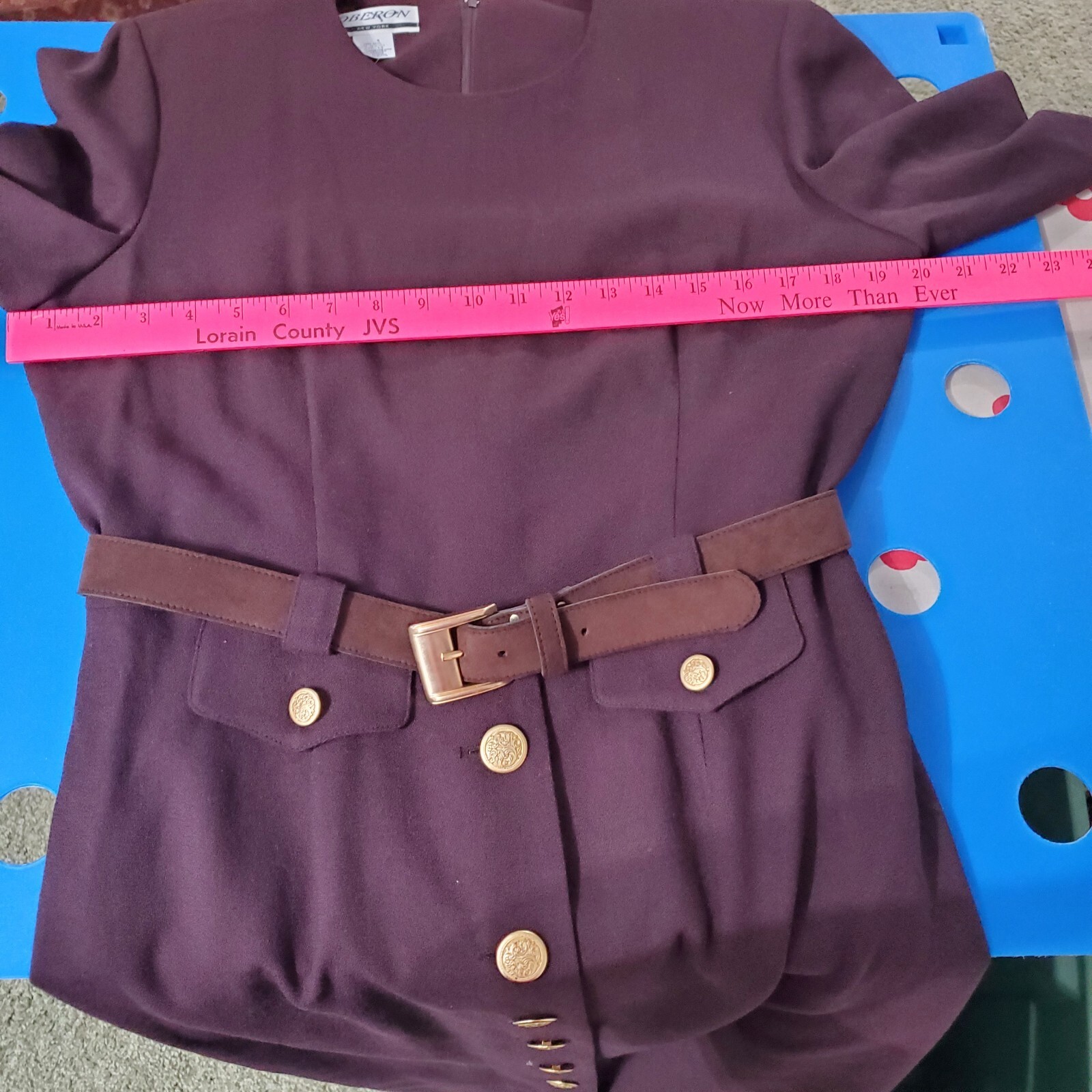 Vintage Oberon Wool Mocca Brown Belted Dress Gold Buttons Desinging Women