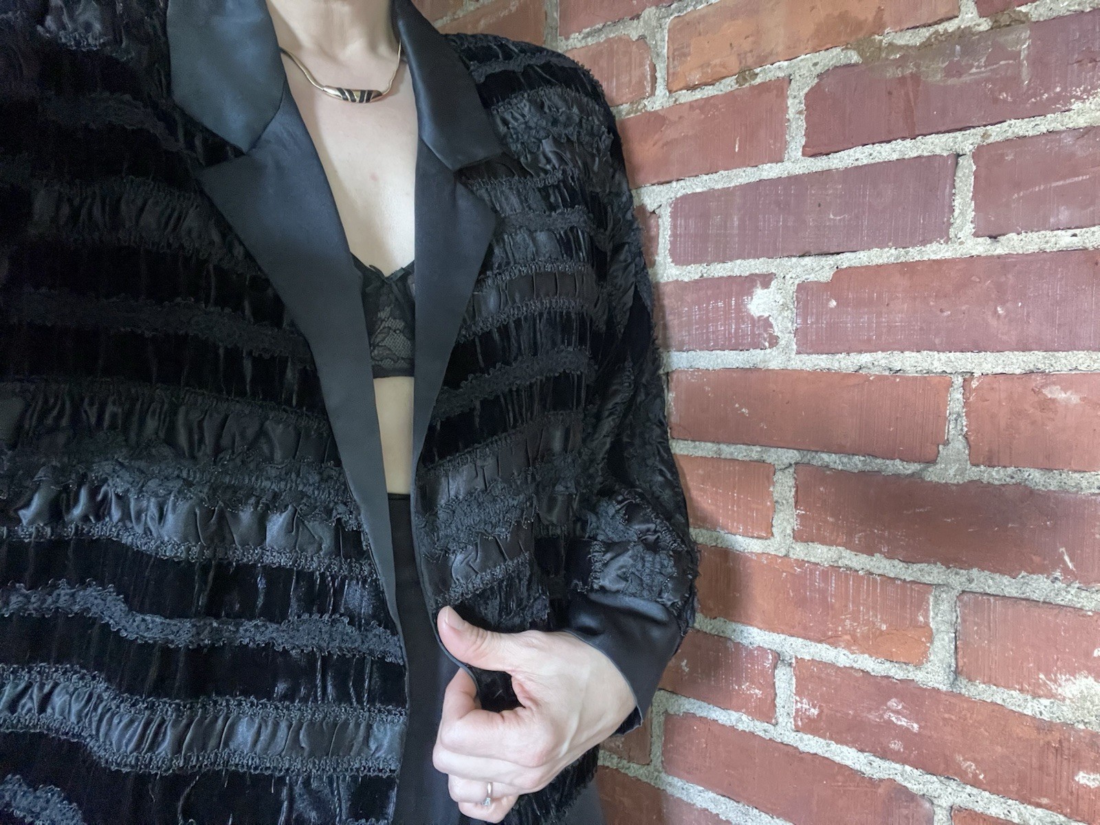 1980s Black Ruffle Satin Velvet Dolman sleeve avant garde jacket