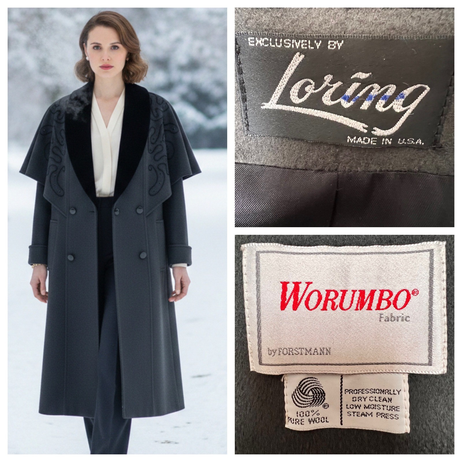 Vtg 80’s Loring Worumbo Forstmann Wool Coat Grey Velvet Capelet Old Money M USA