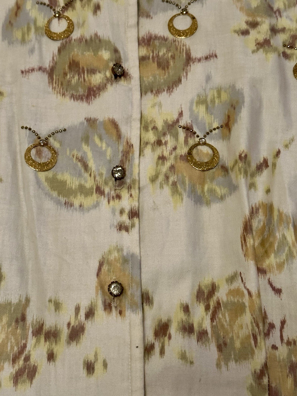 Vintage 50s Malbe Blouse Shirt Rhinestones Impressionist Pattern Sz S/M