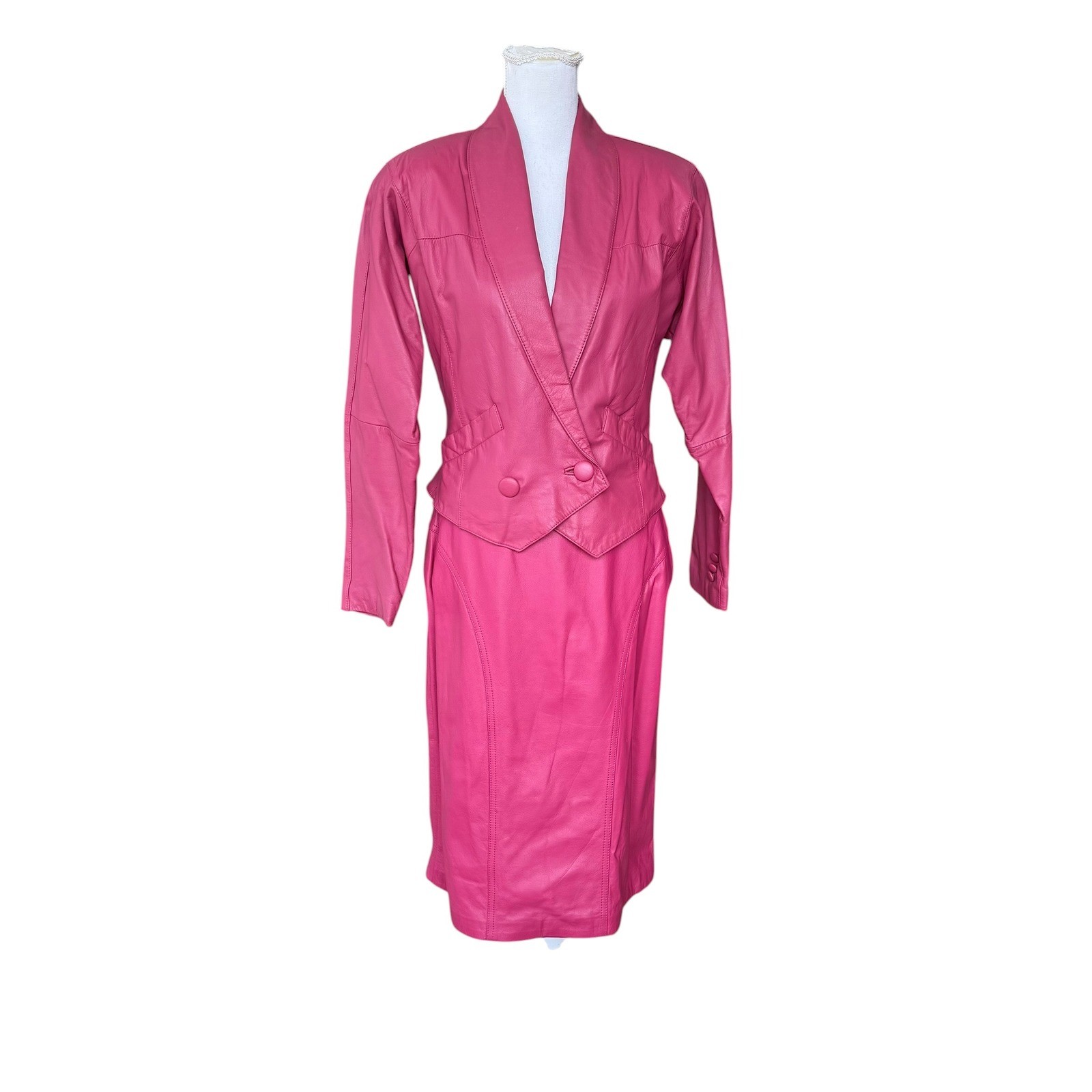 Pelle Cuir Vintage Pink Leather Skirt Suit Set Blazer Pencil Skirt Womens M 12